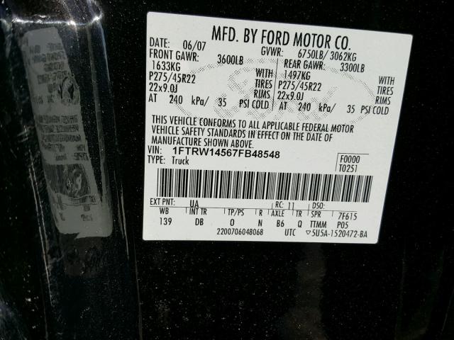 1FTRW14567FB48548 - 2007 FORD F150 SUPER BLACK photo 10