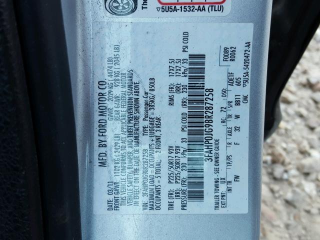 3FAHP0JG9BR287258 - 2011 FORD FUSION SEL SILVER photo 10