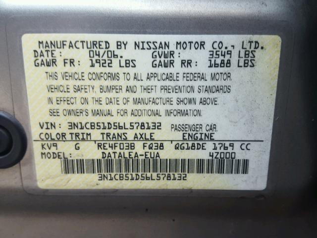 3N1CB51D56L578132 - 2006 NISSAN SENTRA 1.8 CHARCOAL photo 10