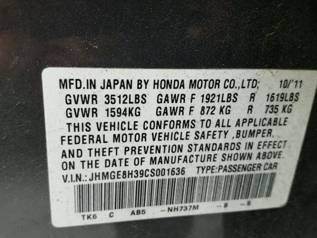 JHMGE8H39CS001636 - 2012 HONDA FIT GRAY photo 10