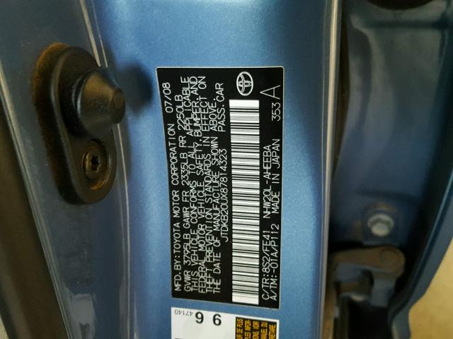 JTDKB20UX87814323 - 2008 TOYOTA PRIUS BLUE photo 10