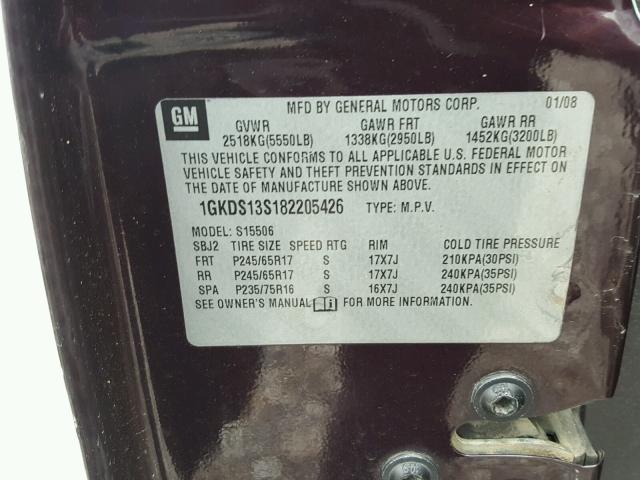 1GKDS13S182205426 - 2008 GMC ENVOY შავი ფოტო 10