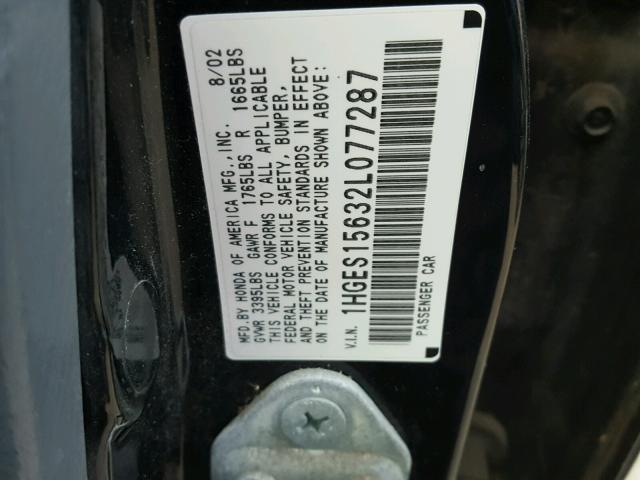 1HGES15632L077287 - 2002 HONDA CIVIC LX BLACK photo 10