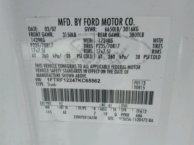 1FTRF12247KC65562 - 2007 FORD F150 WHITE photo 10