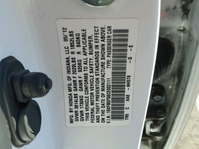 19XFB5F56CE002111 - 2012 HONDA CIVIC NATU WHITE photo 10