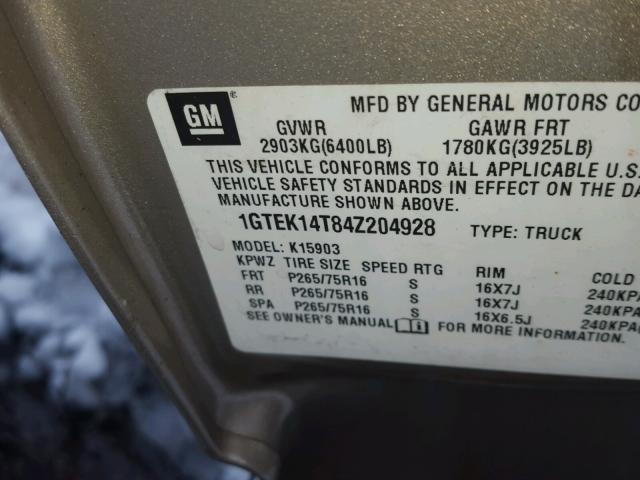 1GTEK14T84Z204928 - 2004 GMC NEW SIERRA GOLD photo 10