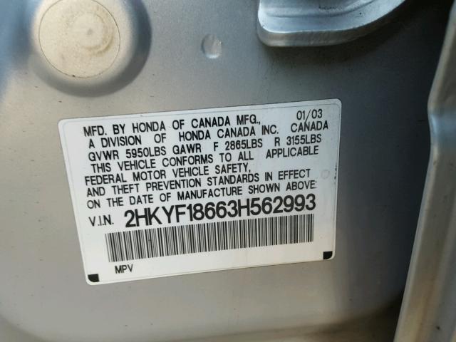 2HKYF18663H562993 - 2003 HONDA PILOT EXL SILVER photo 10