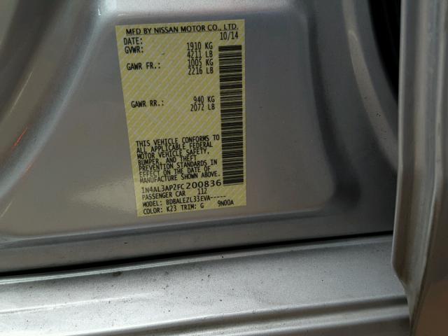 1N4AL3AP2FC200836 - 2015 NISSAN ALTIMA 2.5 SILVER photo 10