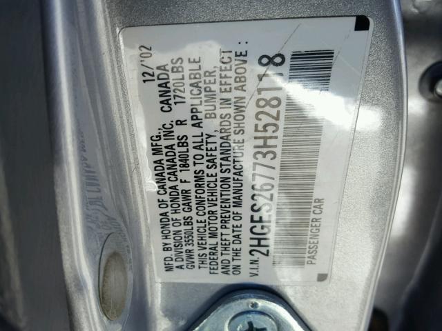 2HGES26773H528118 - 2003 HONDA CIVIC EX SILVER photo 10