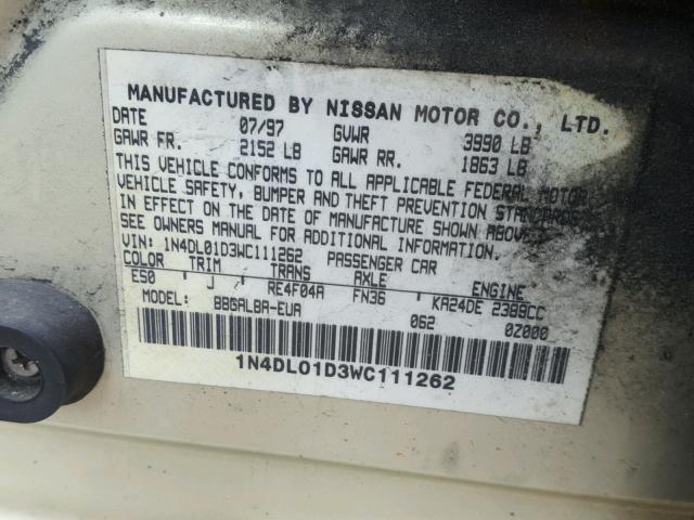 1N4DL01D3WC111262 - 1998 NISSAN ALTIMA XE GOLD photo 10