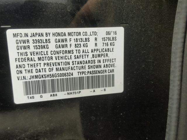 JHMGK5H56GS006324 - 2016 HONDA FIT LX BLACK photo 10