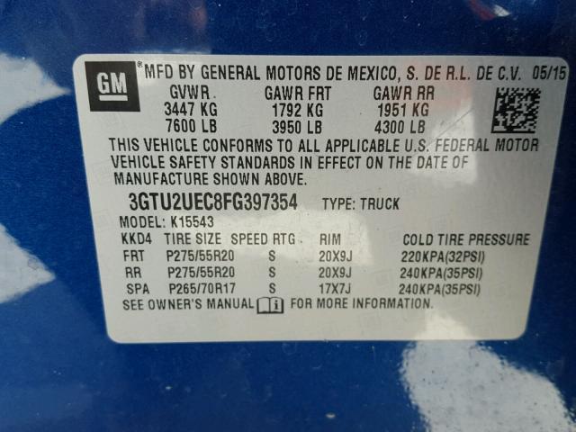 3GTU2UEC8FG397354 - 2015 GMC SIERRA K15 BLUE photo 10