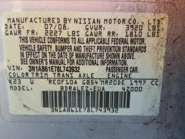 3N1AB61E78L743932 - 2008 NISSAN SENTRA 2.0 SILVER photo 10