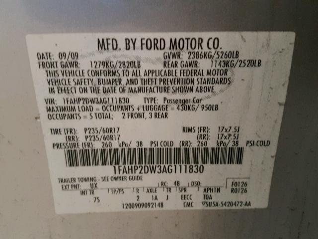 1FAHP2DW3AG111830 - 2010 FORD TAURUS SE SILVER photo 10