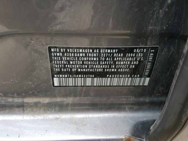WVWNM7AJ5AW422760 - 2010 VOLKSWAGEN GOLF 灰色 照片 10