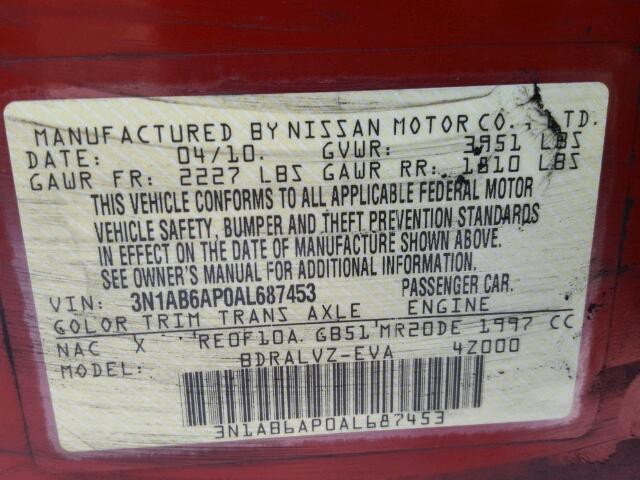 3N1AB6AP0AL687453 - 2010 NISSAN SENTRA RED photo 10