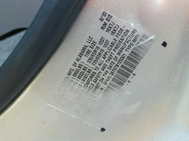 5FNRL38757B125301 - 2007 HONDA ODYSSEY EX SILVER photo 10