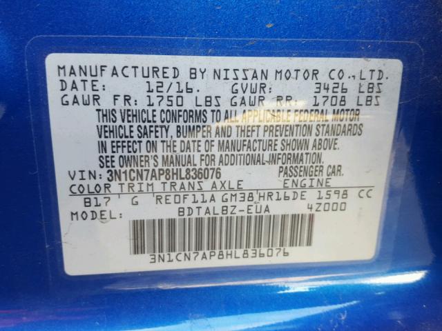 3N1CN7AP8HL836076 - 2017 NISSAN VERSA S BLUE photo 10