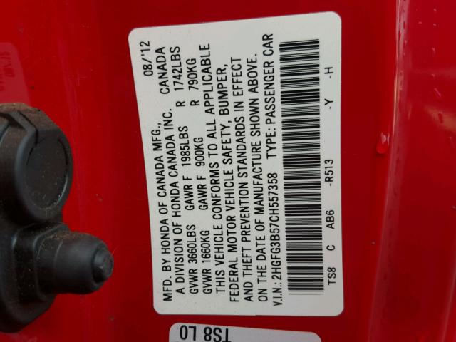 2HGFG3B57CH557358 - 2012 HONDA CIVIC LX RED photo 10