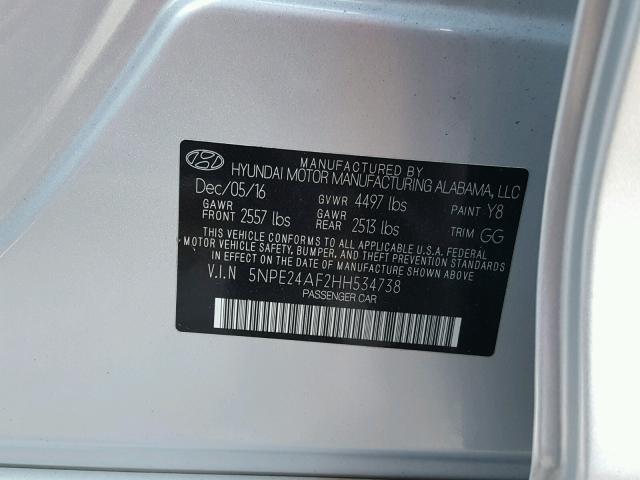 5NPE24AF2HH534738 - 2017 HYUNDAI SONATA SE SILVER photo 10