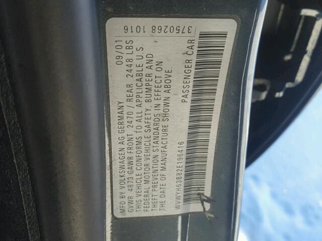 WVWYH63B82E196416 - 2002 VOLKSWAGEN PASSAT GLX GRAY photo 10