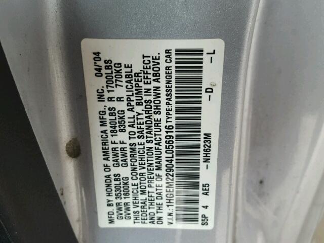 1HGEM22904L056916 - 2004 HONDA CIVIC EX SILVER photo 10