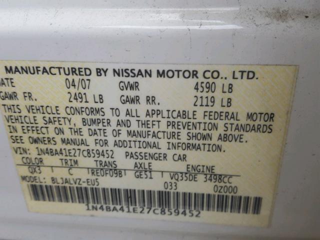 1N4BA41E27C859452 - 2007 NISSAN MAXIMA SE WHITE photo 10