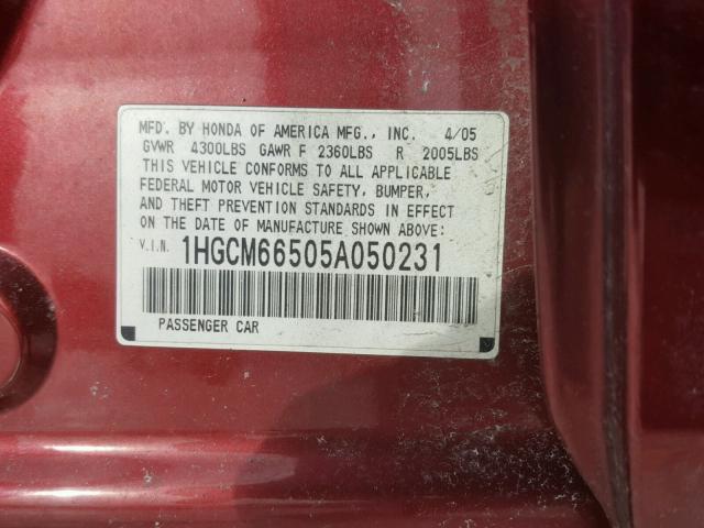 1HGCM66505A050231 - 2005 HONDA ACCORD EX RED photo 10