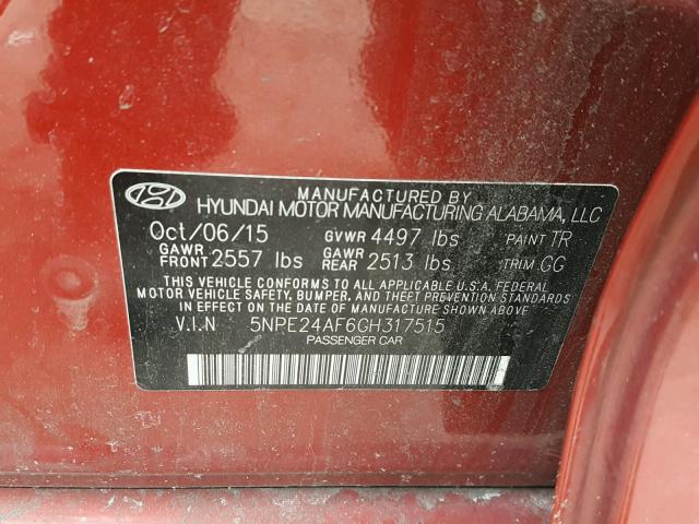 5NPE24AF6GH317515 - 2016 HYUNDAI SONATA SE RED photo 10