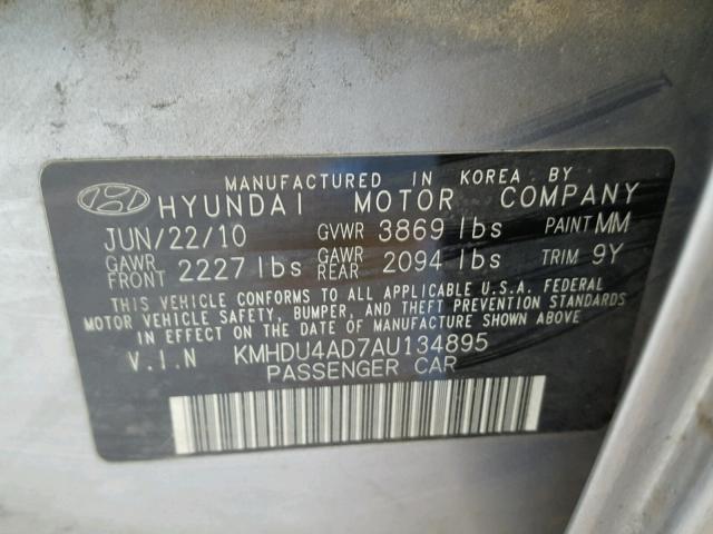 KMHDU4AD7AU134895 - 2010 HYUNDAI ELANTRA BL SILVER photo 10