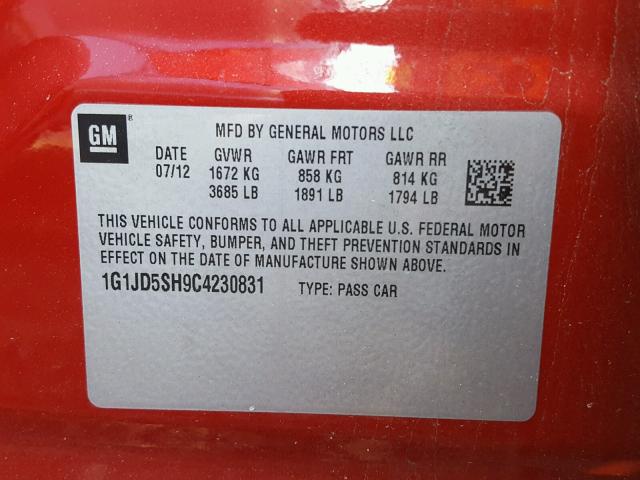 1G1JD5SH9C4230831 - 2012 CHEVROLET SONIC LT RED photo 10