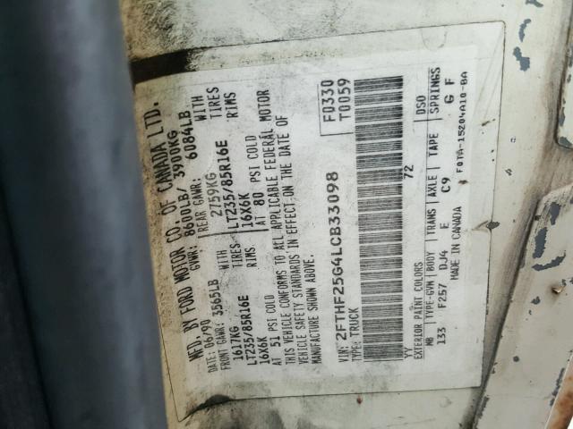 2FTHF25G4LCB33098 - 1990 FORD F250 თეთრი ფოტო 10
