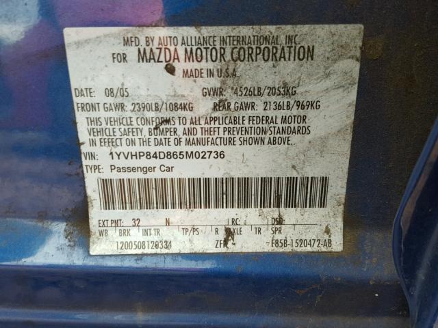 1YVHP84D865M02736 - 2006 MAZDA 6 S BLUE photo 10