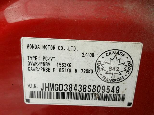 JHMGD38438S809549 - 2008 HONDA FIT RED photo 10