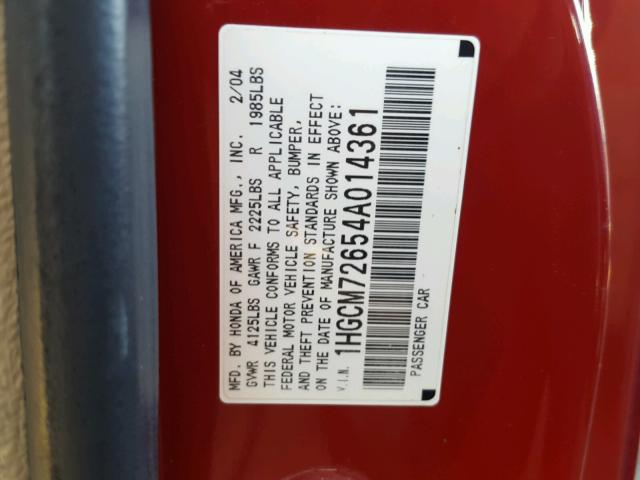 1HGCM72654A014361 - 2004 HONDA ACCORD EX RED photo 10