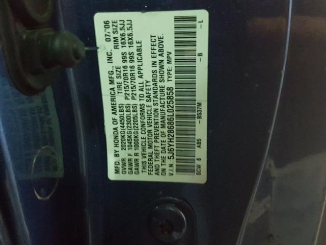 5J6YH28686L025858 - 2006 HONDA ELEMENT EX BLUE photo 10