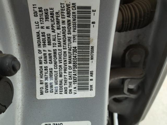 19XFA1F58BE047304 - 2011 HONDA CIVIC LX SILVER photo 10