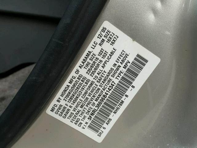 5FNRL38696B414347 - 2006 HONDA ODYSSEY EX SILVER photo 10