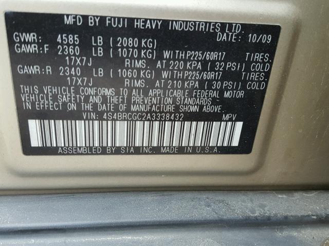 4S4BRCGC2A3338432 - 2010 SUBARU OUTBACK 2. GOLD photo 10