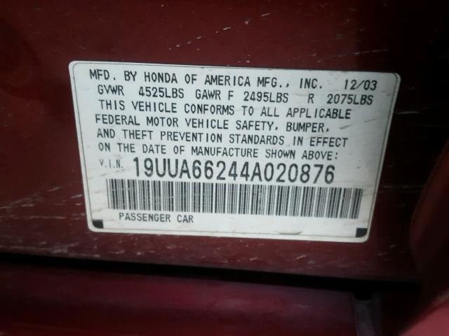 19UUA66244A020876 - 2004 ACURA TL MAROON photo 10