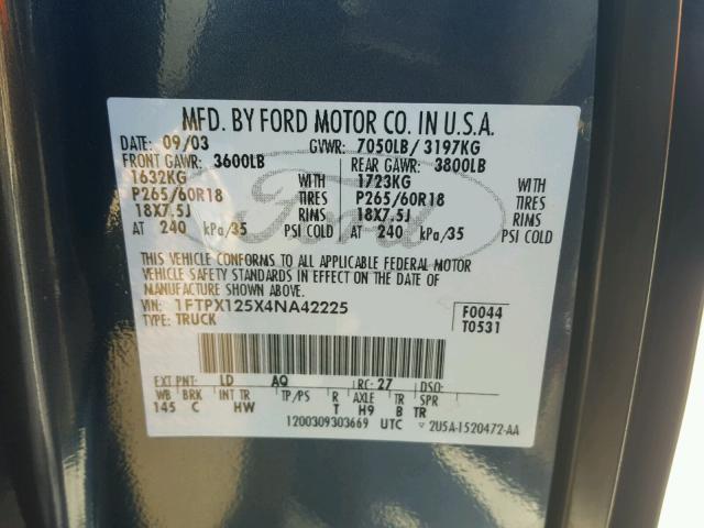 1FTPX125X4NA42225 - 2004 FORD F150 GREEN photo 10