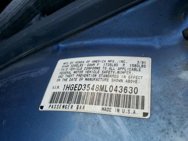 1HGED3548ML043630 - 1991 HONDA CIVIC DX BLUE photo 10