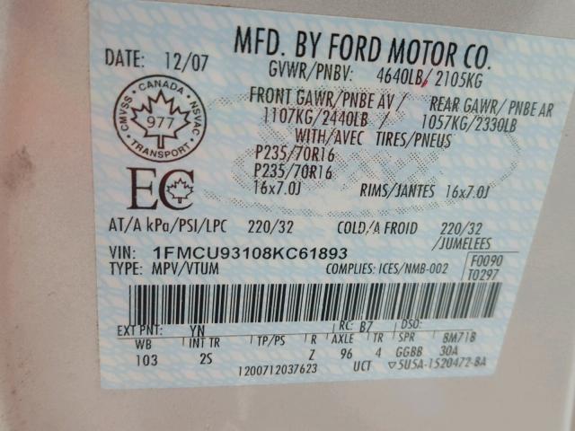 1FMCU93108KC61893 - 2008 FORD ESCAPE XLT SILVER photo 10