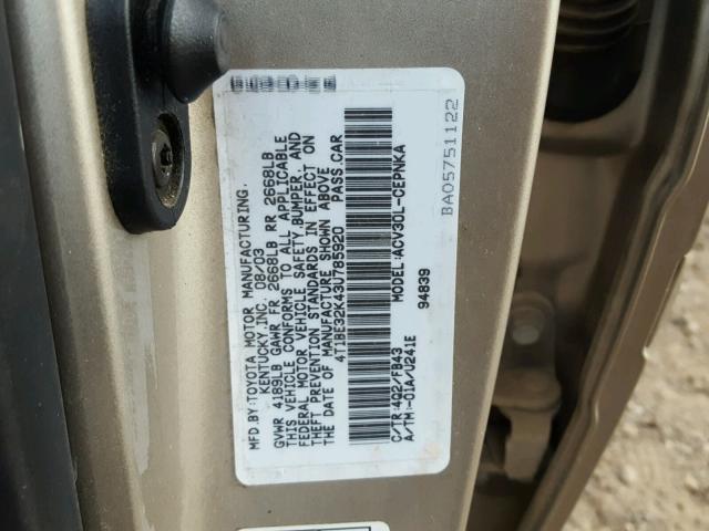 4T1BE32K43U785920 - 2003 TOYOTA CAMRY LE GOLD photo 10