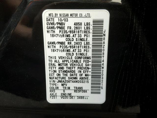 JN8AZ08T44W203215 - 2004 NISSAN MURANO SL BLACK photo 10