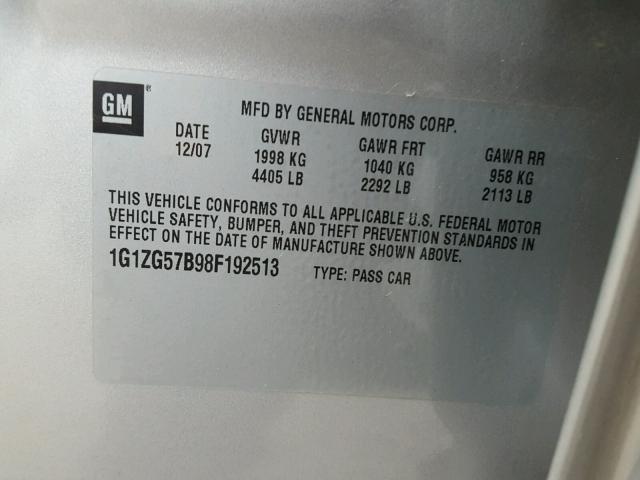 1G1ZG57B98F192513 - 2008 CHEVROLET MALIBU LS SILVER photo 10