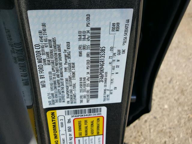 3FA6P0K94GR135385 - 2016 FORD FUSION TIT GRAY photo 10