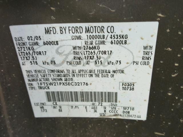 1FTSW21PX5EC32176 - 2005 FORD F250 SUPER GRAY photo 10