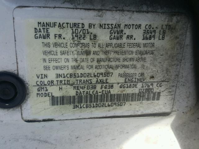 3N1CB51D02L609507 - 2002 NISSAN SENTRA XE WHITE photo 10