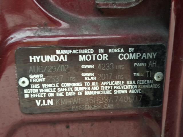 KMHWF35H23A740507 - 2003 HYUNDAI SONATA GLS RED photo 10